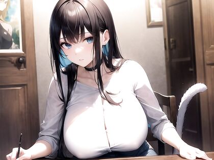 Pregnant Woman with Cat Tail Blows Minds in Busty Blouse Hentai Image