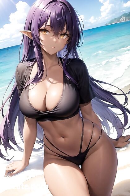 Dark-Skinned Beauty in Oversized T-Shirt Shows off Huge Breasts in Hentai Picture