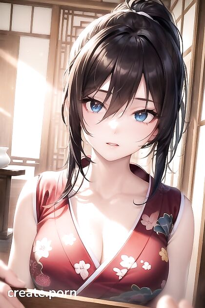 Asian Beauty in Kimono with Perfect Ponytail Enjoying Steamy Hentai Pleasure