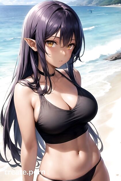 Purple-Haired Demon Girl 18+ Seduces on the Beach in steaming Hentai Picture