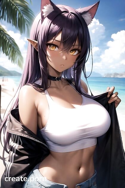 Oversized T-Shirt, Purple Cat Ears, and Giant Breasts in steamy Hentai Picture
