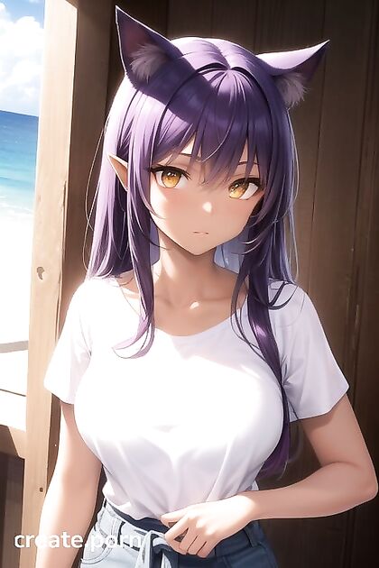 Demon Girl 18+ with White Clothes and Purple Cat Ears in Steamy Hentai Picture