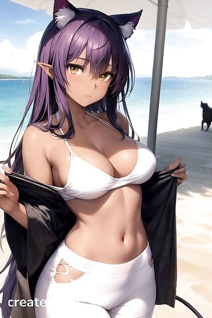 Dark-Skinned Beauty with Purple Hair seduces in Oversized T-Shirt Hentai Picture