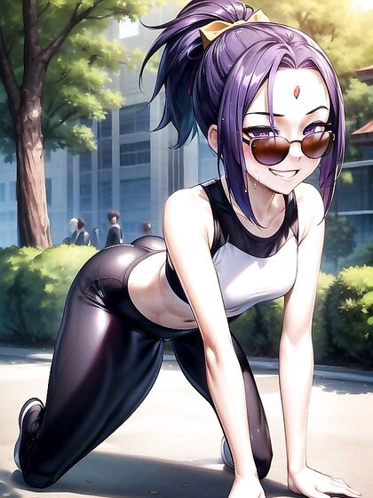 Wearing Sunglasses and a Sport Bra in the Park for Steamy Hentai Picture