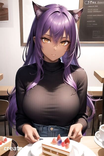 Demon Girl 18+ with Massive Breasts Enjoying Coffee and Cake in Seductive Hentai Image