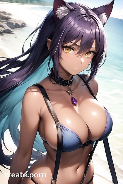 DemonGirl 18+ with DarkBrownSkin Teased in BlueSuspenders for Horny Hentai Picture