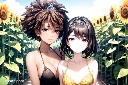 Afro Beauty with Black Hair Seduces in Sunflower Field Hentai Image