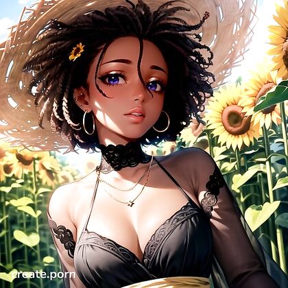 Afro Beauty with Hair Ribbons Seduces in Sunny Sunflower Fields Hentai