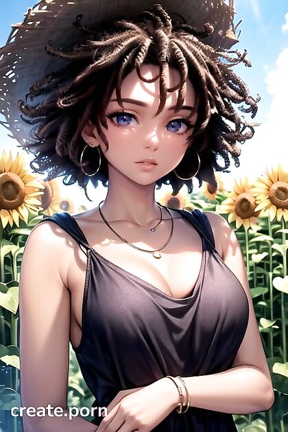 African Beauty Wears Hair Ribbons in Sunflower Fields for Steamy Hentai Picture
