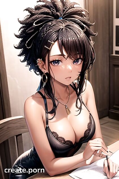 Afro Beauty Wears Necklace and Hair Ribbons in Seductive Hentai Images