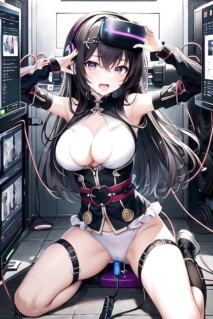 Brown-Haired hentai beauty spreads her arms wide for  vaginal penetration