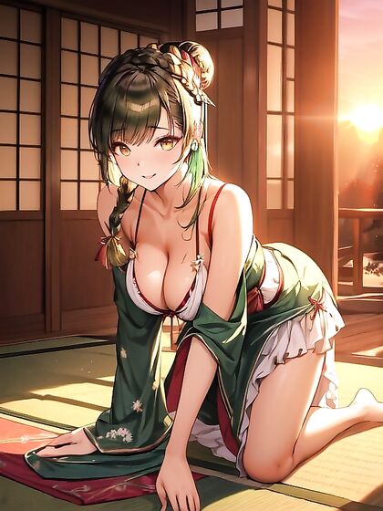 Green-Haired Beauty Enjoying Passionate Sex on Tatami at Sunset
