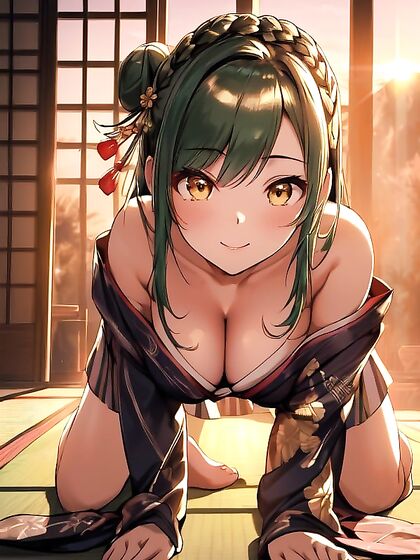 Green-Haired Beauty on All Fours in Traditional Tatami Room Hentai Pleasure