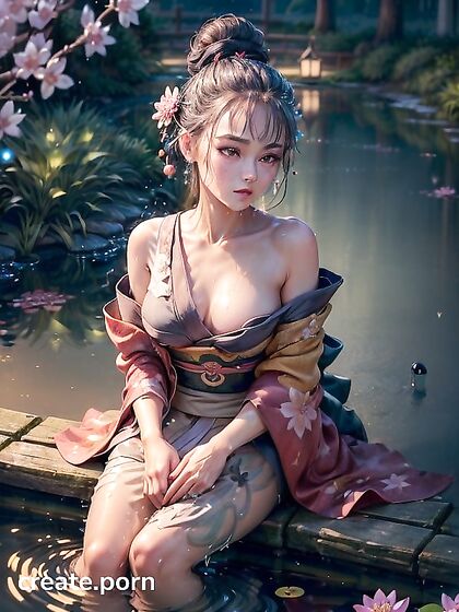 Seductive Girl 18+ in Off-Shoulder Kimono Sits by Pond for Steamy Hentai Pleasure