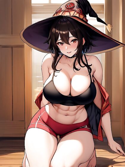 Megumin from Isekai Quartet Wears Sexy Sporty Shorts in Submissive Hentai Image
