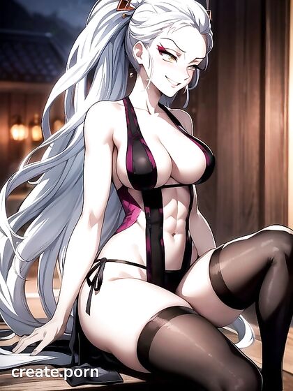 Blushing Mischievously at Night – Daki's Demon Form in Seductive Hentai Images