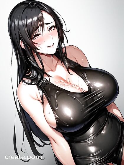 Mischievous Smile and Blush as She Shows Off Her Massive Breasts in Busty Hentai AI Picture