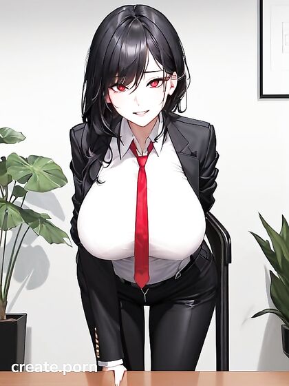 Grinning Woman in Business Suit Takes Pleasure in Seductive Hentai Images