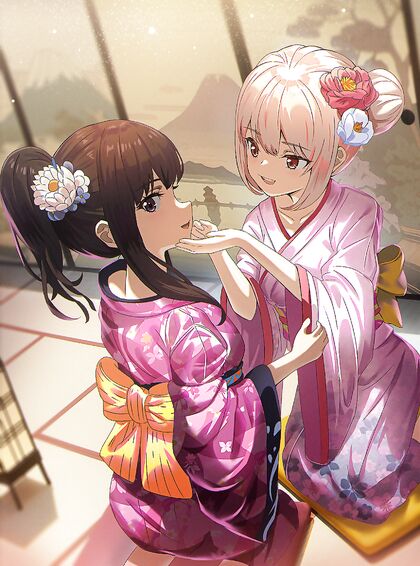 Takina and Chisato wearing kimonos