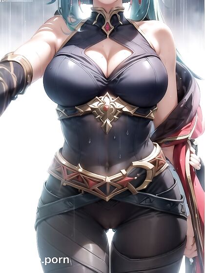 Light Blue Haired Babe Shows Off Her Medium Ass with Arms Raised in Hentai AI Picture