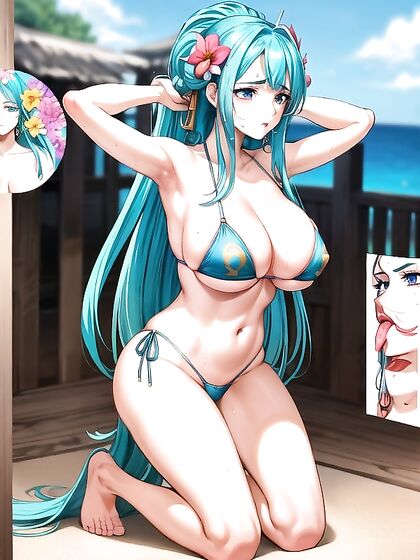 Kneeling with Arms Raised for  Hentai Cumshots