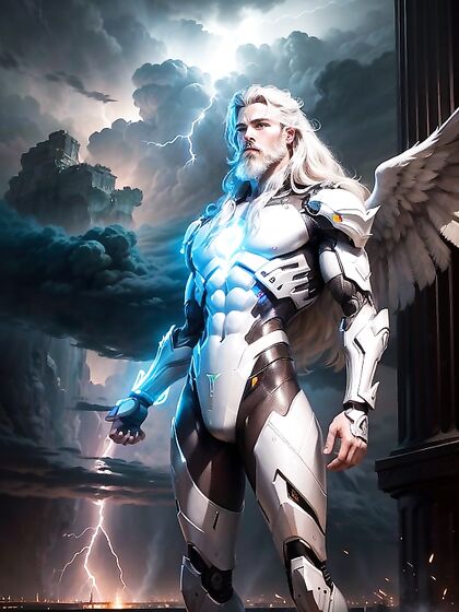 Glowing-Eyed Robot Winged Man with White Beard and Long Hair in Hentai AI Picture