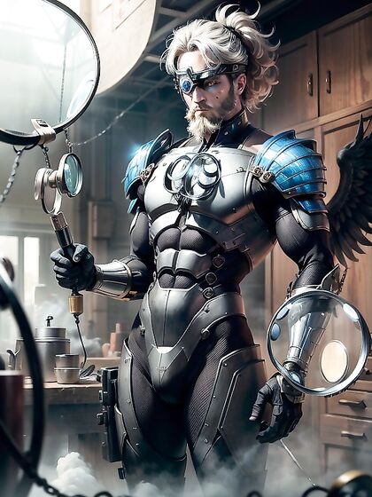 Hephaestus in Futuristic Armor with Robotic Wings Flexes His Muscles in Hot Hentai Picture
