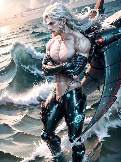 Poseidon and Black-Bearded Man with Seaweed-Laced Hair Walk on Ocean Waves in Hentai Picture