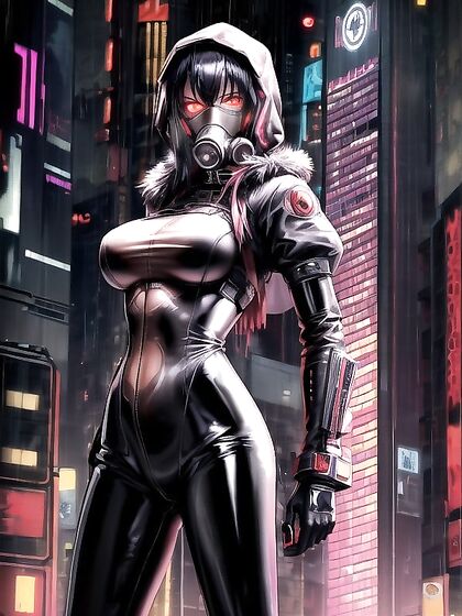Muscular Stud Shows Off in Cyberpunk City's Waist-Up Hentai Picture