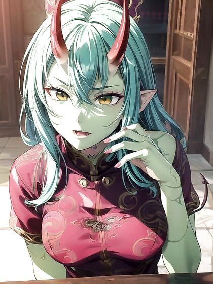 Busty Green-Skinned Beauty with Oni Horns in Seductive Hentai Picture