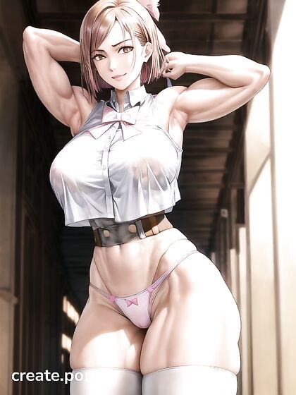 Cute Pink Bow on White Panties, Thighs Exposed, Bicep Flexing Hentai Picture