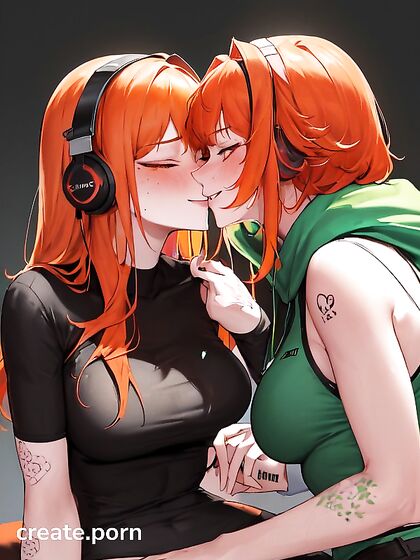 Mischievously Smiling and Blushing in Headphones and Jeans Hentai Image