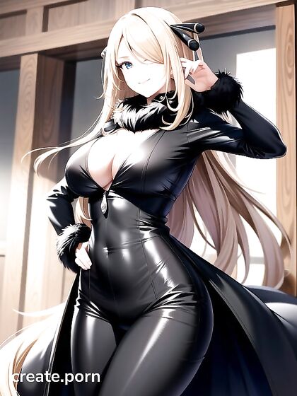 Cynthia from Pokémon Poses Happily with Hands on Hips for Seductive Hentai Fun