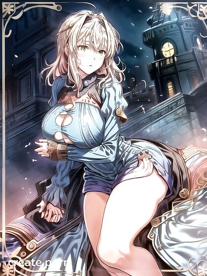 Violet Evergarden's Massive Tits in Blue Dress, Full-Frontal Hands-Crossed Hentai Image