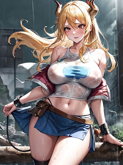 Glowing Eyes and Exposed Navel in Graphic Tee Hentai Images