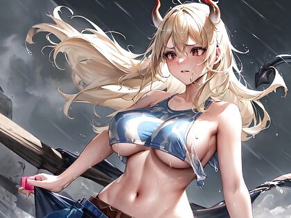 Glowing-Eyed Beauty with Freckles Drenched in Wet Clothes Hentai Pleasure