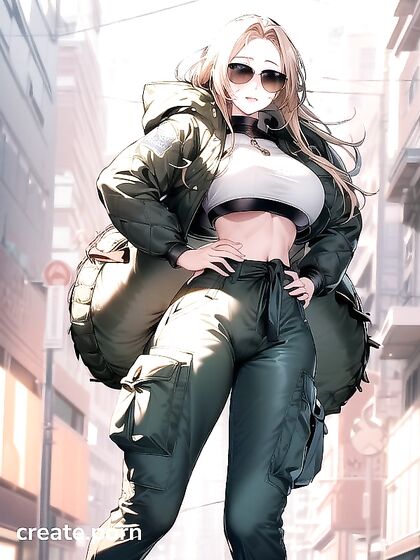Blonde Babe in Green Cargo Pants and Black Puffy Jacket Shows Off Huge Tits