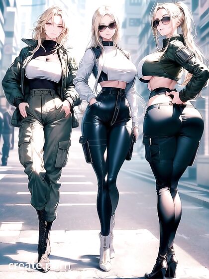 Blonde Beauty in Green Cargo Pants and Black Puffy Jacket Shows Off Her Curves in Hentai Picture