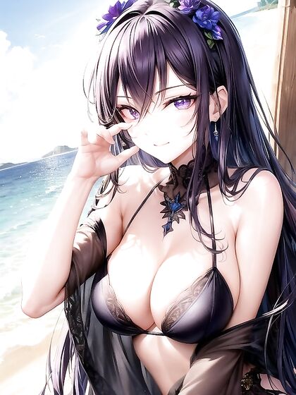 Purple-Eyed Beauty Winks Seductively on the Beach in Steamy Hentai Picture