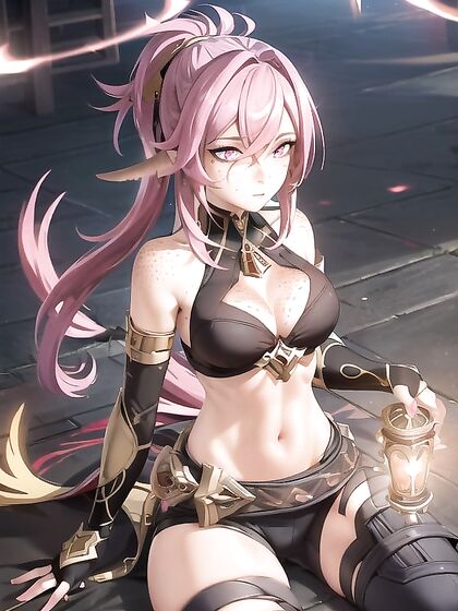 Dehya from Genshin Impact with Freckles and Glowing Eyes in Sensual Hentai Images
