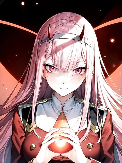 Zero Two from Darling in the FranXX with Glowing Pink Eyes in Steamy Hentai Picture