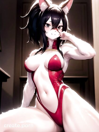 Furry Character Seductively Touches Her Face While Wearing a Lacy Bra