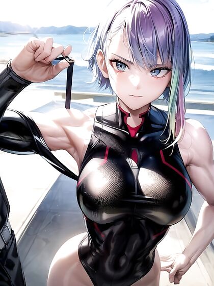 Lucy from Cyberpunk with Muscles and Multi-Colored Hair in Steamy Hentai Picture