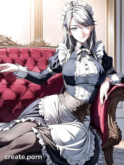 Skinny Victorian Fantasy Maid in Detailed outfit Lays Seductively on Couch Smiling