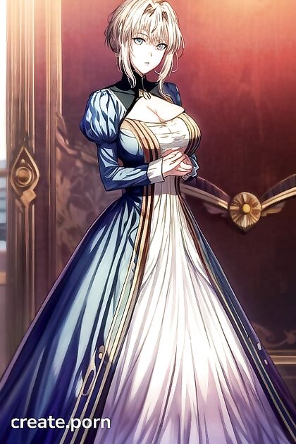 Violet Evergarden's Massive Tits in Tight Blue Dress With Deep Cleavage Arms Crossed Hentai AI Porn