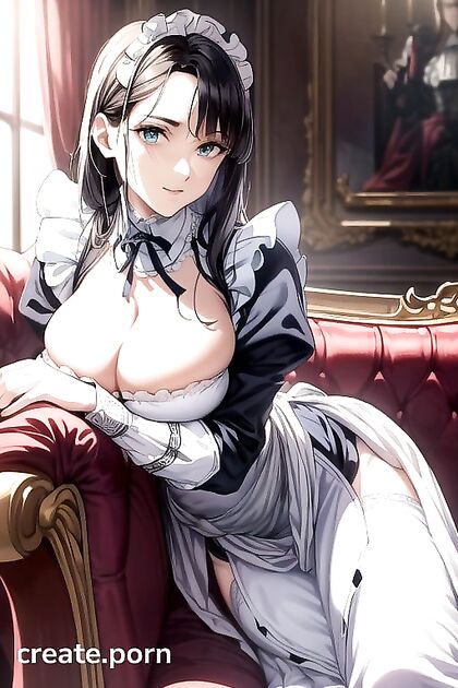 Victorian Fantasy Maid in Detailed White Outfit Laid Seductively on Couch Smiling