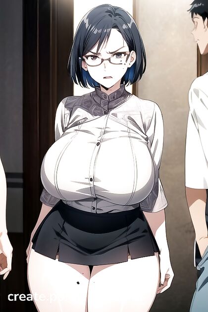 Mature Woman in Glasses and Casual Clothes Enjoying Steamy Hentai Picture