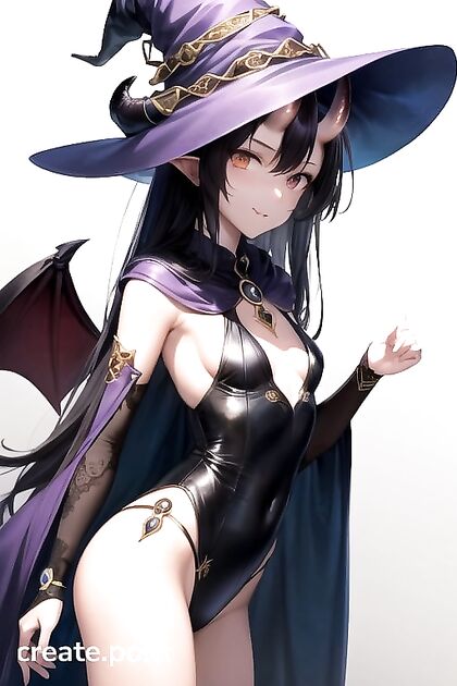 Seductive Purple Witch with Devil Horns and Long Black Hair in Steamy Hentai Picture