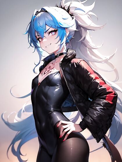 Girl 18+ with Ponytail and Jacket Over Shoulders Smirks in Steamy Hentai Scene