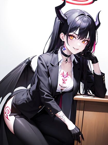 Feathered Demon Wings and Vibrant Orange Eyes Enhance Intense Hentai Glove Play